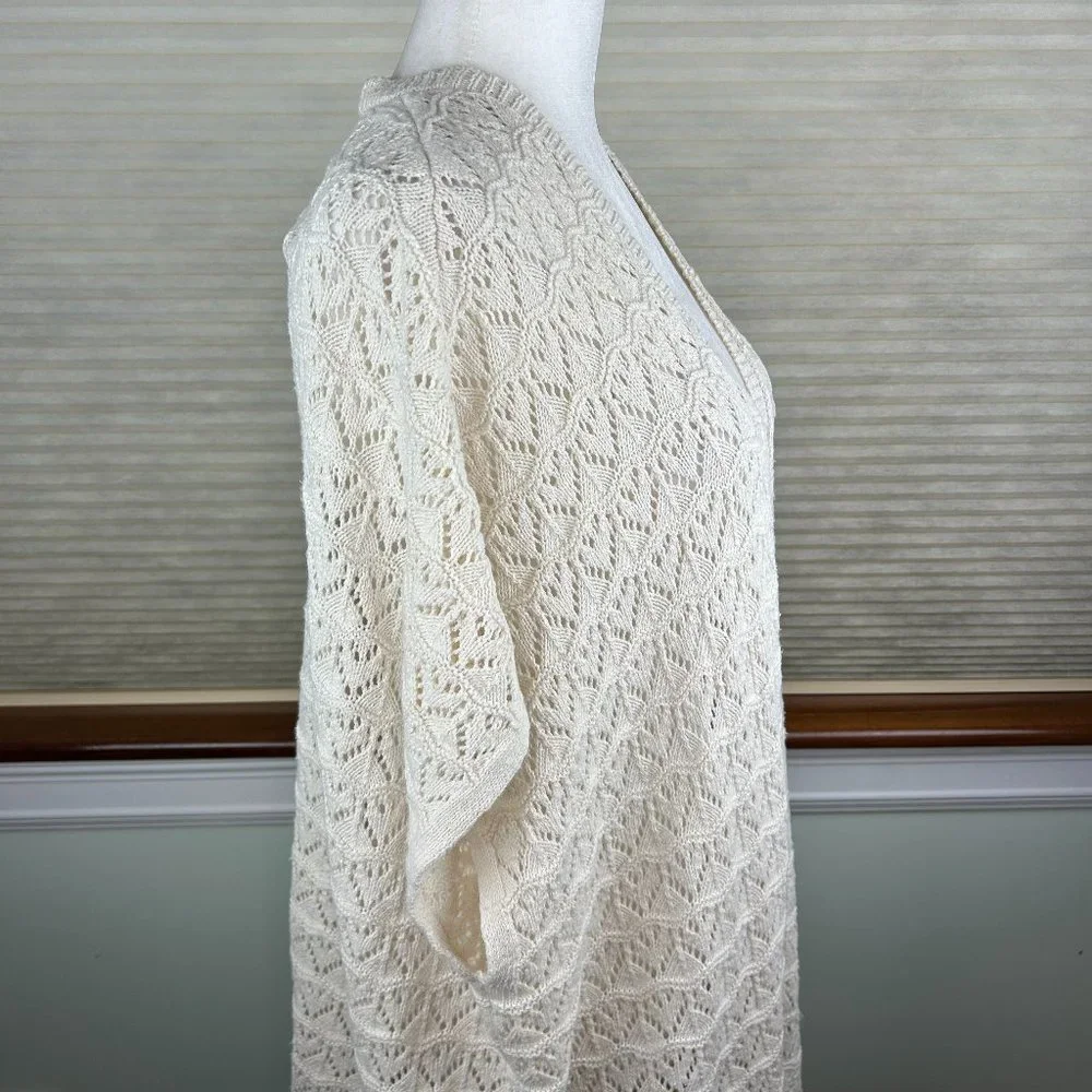 LA Hearts Cotton Linen Crochet Open Knit Open Front Longline Fringed Cardigan